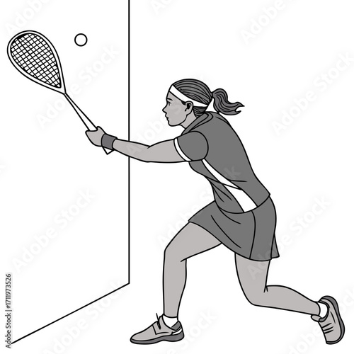 Woman playing racquetball hitting ball against wall in indoor court sport player