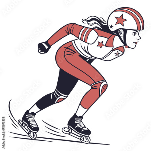 Woman roller skating fast wearing red white and blue star helmet and uniform speed skating female