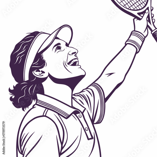 Woman tennis player with racket raised in celebration smiling widely purple line art female happy