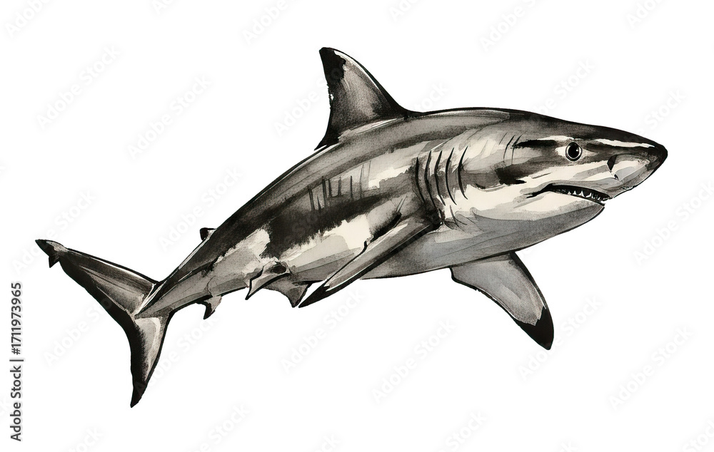 Fototapeta premium Ink painting style Shark separate on PNG