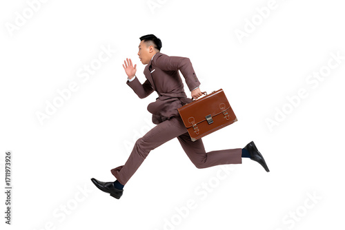 Senior businessman with a briefcase running, isolated on a transparent background.