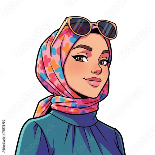 Illustration of young muslim woman wearing a colorful hijab and sunglasses