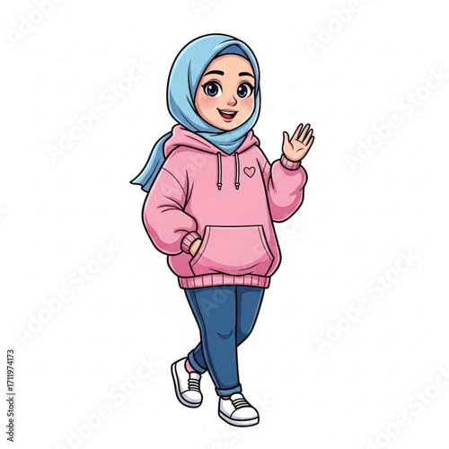 Illustration of cute muslim girl wearing hijab and hoodie