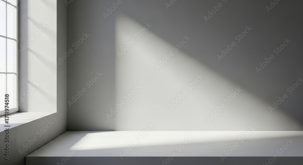 Fototapeta premium Sunlit Corner Room with Gray Wall and White Window Frame Minimalist Interior Space Shadow Play