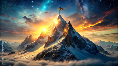 Surreal Fantasy Mountain With Glowing Flag At Snowy Dreamlike Summit