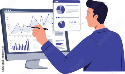 Man analyzing data on computer screen with charts