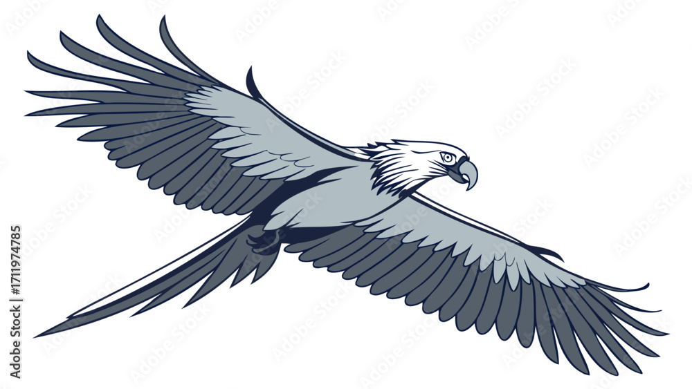Obraz premium Stylized Bird in Flight Vector Illustration Blue Gray Feathers Wings Spread Avian Design Wildlife Art.