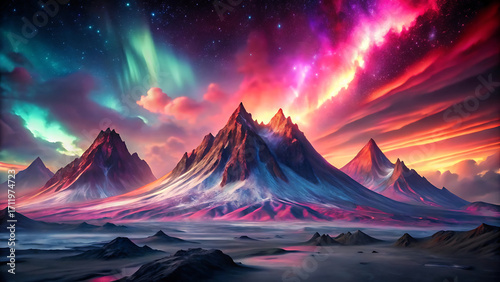 Surreal Glowing Volcanic Mountains Under Pink Cosmic Night Sky