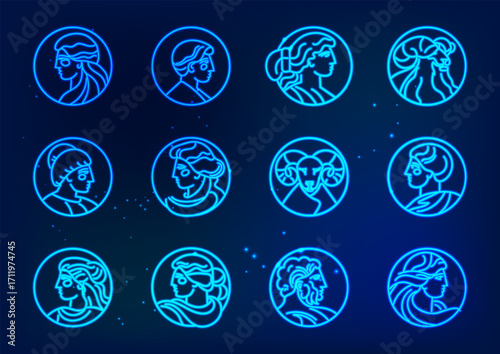  Glowing Neon Astrological Person Profiles Set 