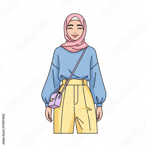 Illustration of young woman wearing a hijab and stylish outfit