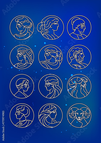 Neon Astrology Zodiac Characters in Profile Vector Illustration Set