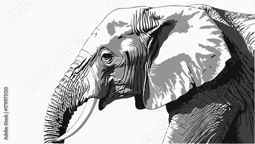 Stylized grayscale portrait of an elephant wildlife animal illustration monochrome African elephant head close-up.