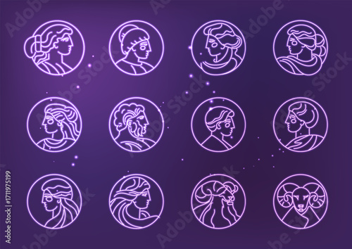 Neon Horoscope Zodiac Collection with Profile Characters