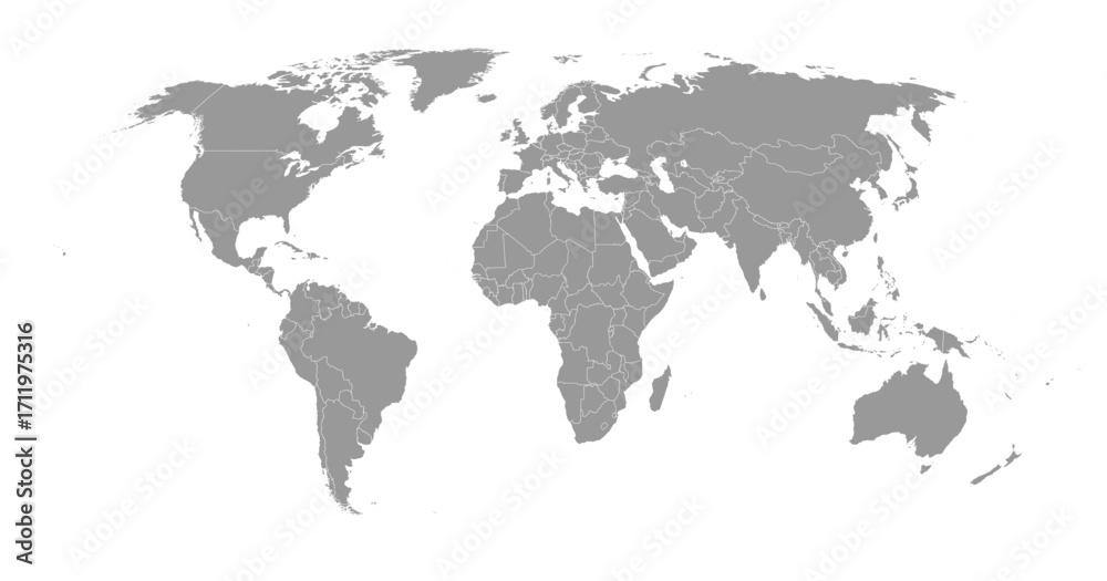 Fototapeta premium Detailed gray world map on white background.