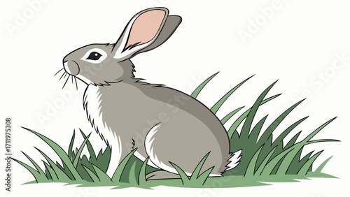Cute Gray Rabbit Sitting in the Grass Illustration Childrens Book Cartoon Animal Nature Wildlife Bunny Hare Meadow Field Spring Easter Pet Furry Long Ears Adorable Sweet Graphic D.