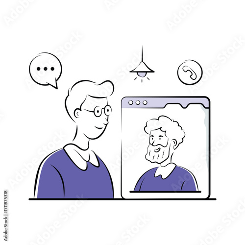 Online business meeting illustration showing video conferencing, hand drawn vector