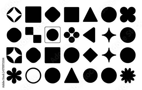 Collection of Black Geometric and Abstract Shapes on White Background