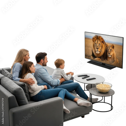 Family enjoying a movie night watching a lion on television isolated on transparent background