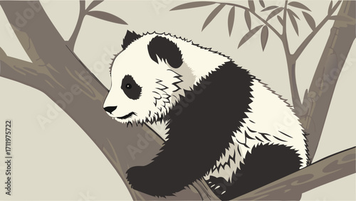 Cute Panda Bear Cub Sitting on a Tree Branch in a Bamboo Forest.