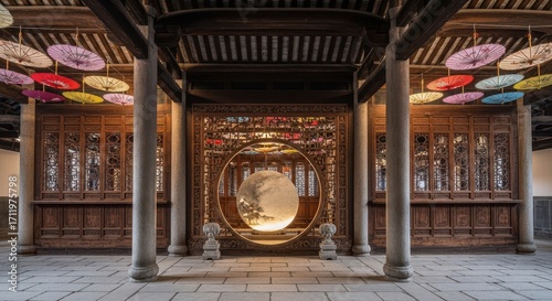 Elegant Chinese Courtyard Interior with Colorful Umbrellas and Circular Window