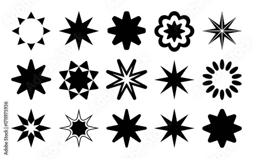 Collection of Black Star and Starburst Shapes on White Background