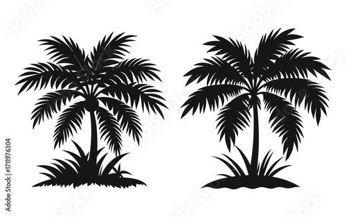 Coconut tree silhouette vector set, tropical palm tree illustration for beach summer island decoration design.