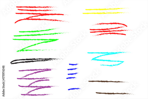 Black color crayon underline set - horizontal hand drawn chalk or marker highlighter strokes. Rough textured pencil lines with textured edges