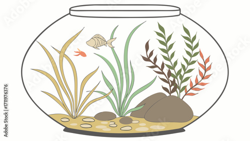 Fishbowl with aquatic plants and fish underwater scene home aquarium illustration pet fish decorative fish simple fish illustration minimalist fish art cartoon fish cute fish aquatic lif.