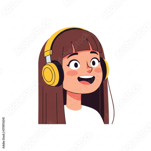 Illustration of cartoon girl with headphones listening to music