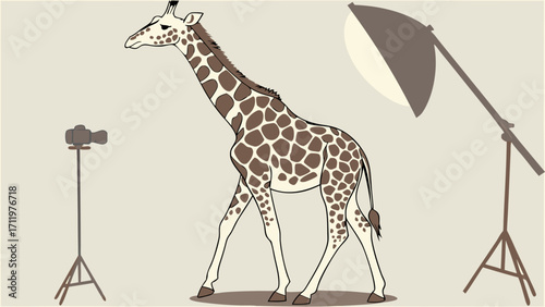 Giraffe in a Photography Studio Setup Illustration Cartoon Animal Wildlife Photography Concept.