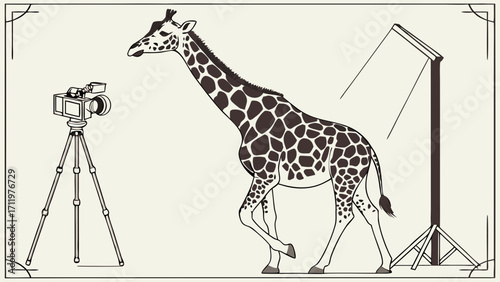 Giraffe in front of a camera on a tripod and a lighting stand illustration vector art.
