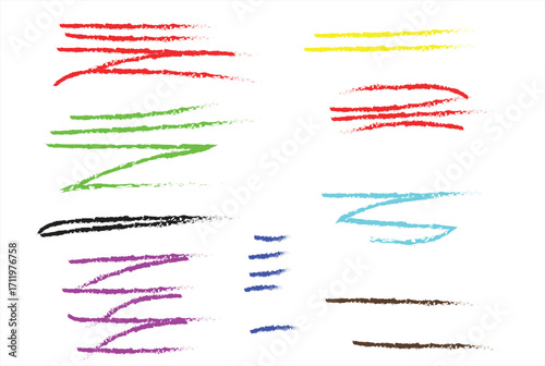 Black color crayon underline set - horizontal hand drawn chalk or marker highlighter strokes. Rough textured pencil lines with textured edges