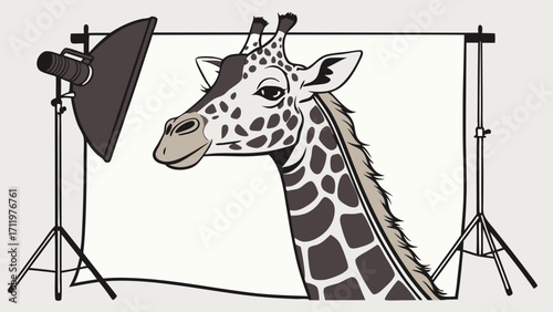Giraffe portrait in a photo studio illustration animal photography backdrop lighting equipment.