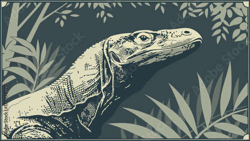 Stylized Komodo Dragon in Tropical Foliage Wildlife Art Print Vintage Reptile Illustration.