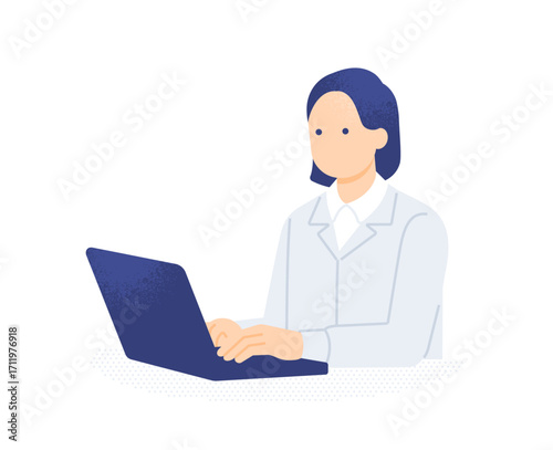 建設会社の事務所でパソコン作業をする女性事務員のイラスト