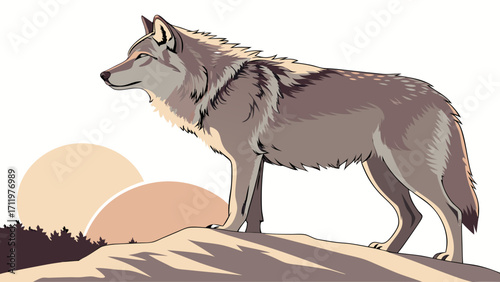 Gray Wolf on Hilltop at Sunset Wildlife Illustration Canid Animal Art.