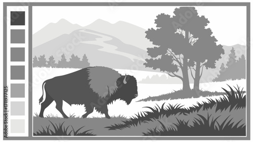 Grayscale Illustration of Bison in Mountain Landscape.