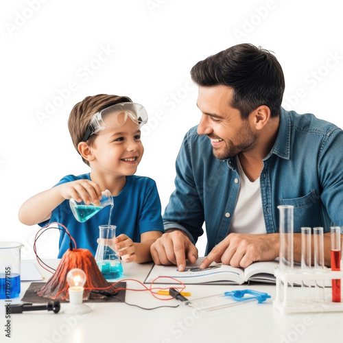 Father and son engaged in a science experiment with colorful liquids isolated on transparent background