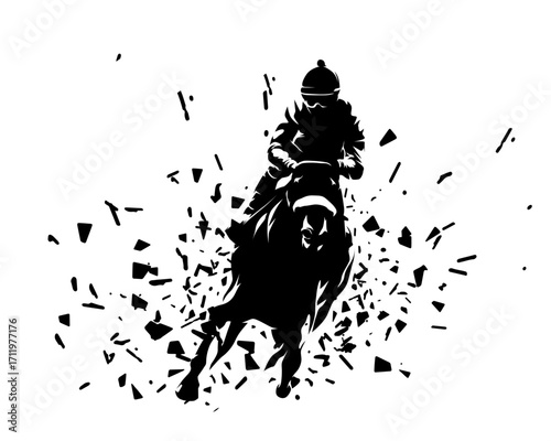 Horse racing. High contrast vector illustration of a jockey riding a horse at full speed, front view