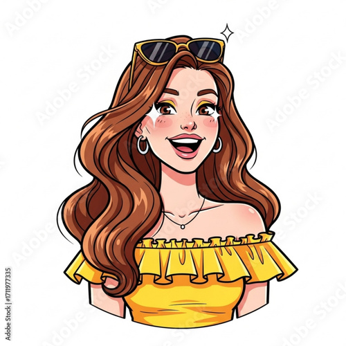 Illustration of beautiful woman with sunglasses and yellow top, smiling