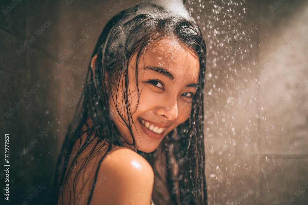 Fototapeta premium Portrait of a smiling asian woman with long wet hair, shampoo foam covering her head, standing in the shower