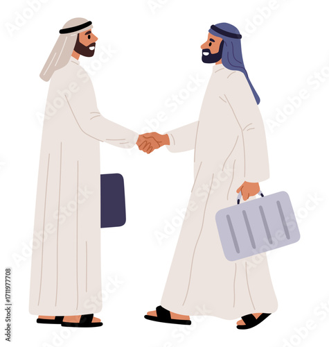 Two Arab businessmen in traditional Muslim dress shake hands. People concluding agreement. Partners handshake. Arabian men negotiation. Communication and partnership. Vector concept