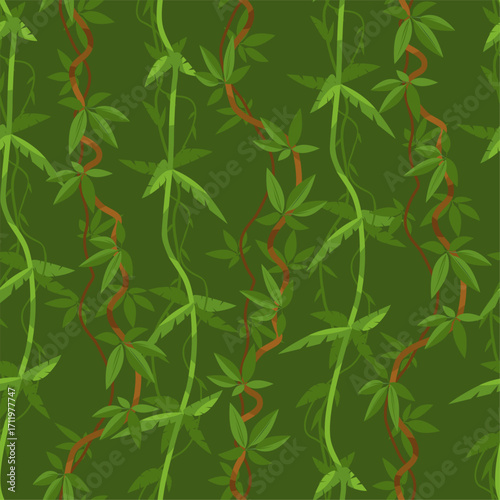 Tropical vines and plants on dark green background. Jungle seamless pattern. Natural forest branches. Repeated print. Rainforest lianas. Climbing ivy leaves. Vector botanical wallpaper