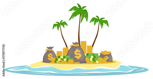 Tropical island offshore with palm trees, bags of money, wads of bills and gold coins. Financial fraud and corruption. Beach sea shore. Deposit account in foreign bank. Vector concept