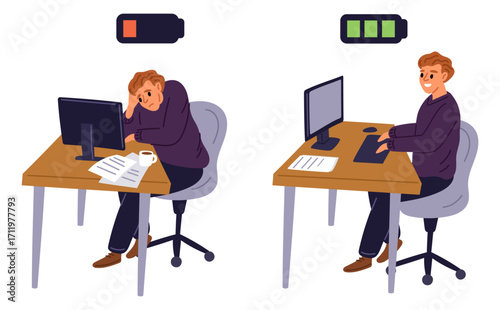 Tired or energetic worker. Exhausted sleepy man and active young manager. Full and low battery charge. Businessman working on computer in office. Accumulator energy. Vector concept