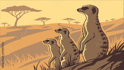 Three meerkats standing alert in a savanna landscape at sunset.