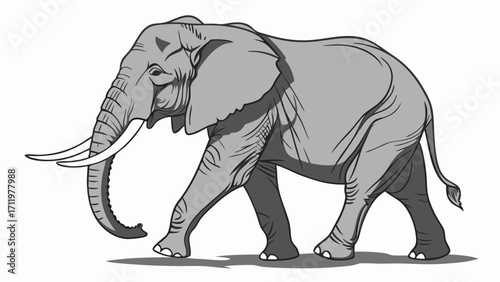 Illustration of an African Elephant Walking Grey-Scale Animal Design Wildlife Art.