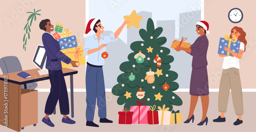 Office employees decorate Christmas tree with toys and gifts. Colleagues celebrating Christmas or New Year at work. Man putting star on fir. Woman carrying Xmas presents. Vector concept