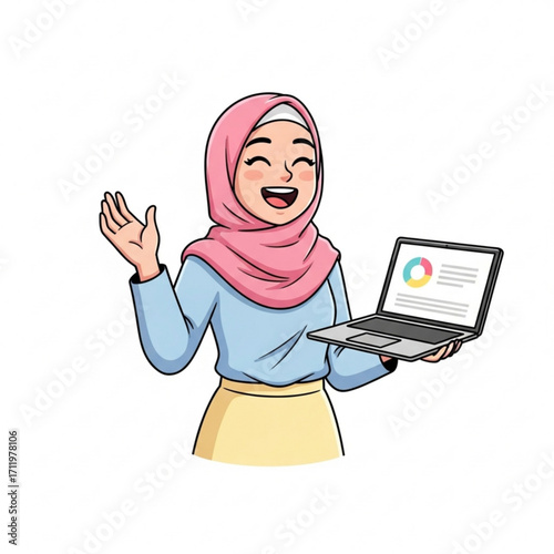 Illustration of happy woman in hijab holding a laptop