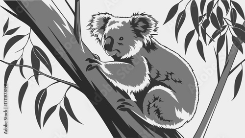 Koala bear sitting on eucalyptus tree monochrome illustration wildlife nature animal poster design clipart graphic vector art.